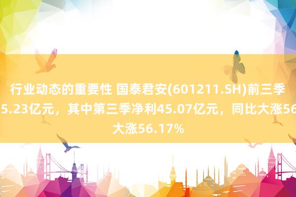 行业动态的重要性 国泰君安(601211.SH)前三季净利95.23亿元，其中第三季净利45.07亿元，同比大涨56.17%